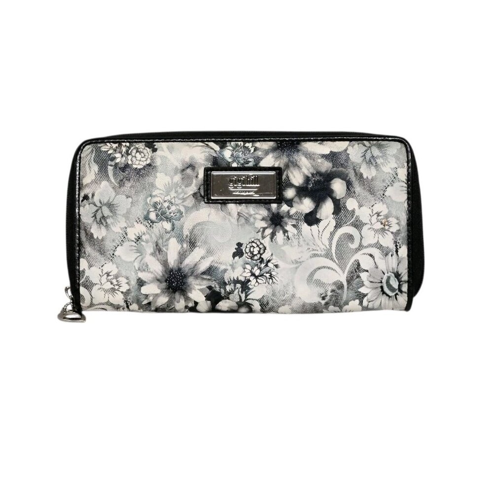 Gigi Hill Los Angeles Full Zip Around Accordion Wallet Black Gray Floral Print